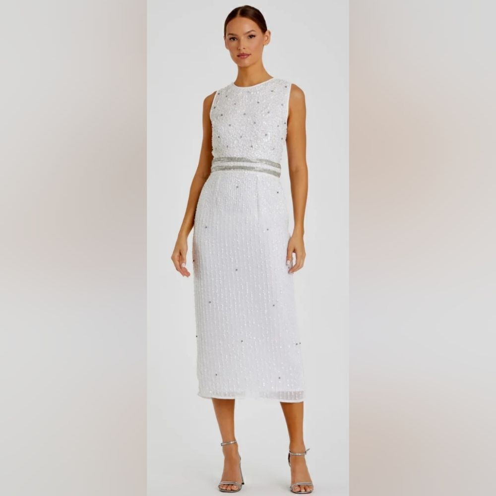 Mac Duggal White Beaded Midi Dress with Silver Waist Detail